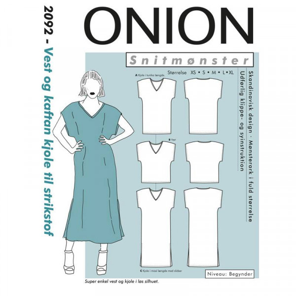 Snitmønster Onion 2092 "Vest og kaftan kjole til strikstof" str XS - XL