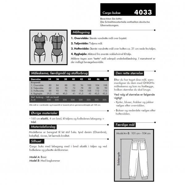 Snitmønster Onion 4033 "Cargo buks" str XS - XL