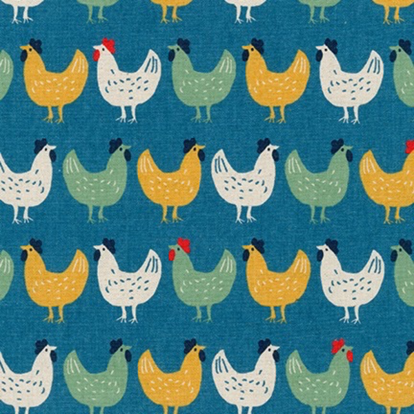 Cotton flax prints "Chickens on blue " by Robert Kaufman