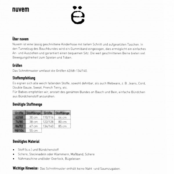 Snitmønster Børns-Bukser "Nuvem" str 62/68 - 134/140
