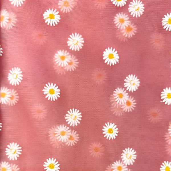 Tyl med broderede tusindfryd - Alt Rosa