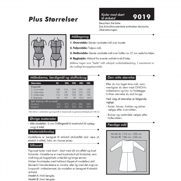 Snitmønster Onion 9019 "Kjole med skørt til strikstof" str XL - 5 XL