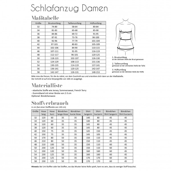 Snitmønster Pyjama "Schlafanzug" Dame str 32 - 58