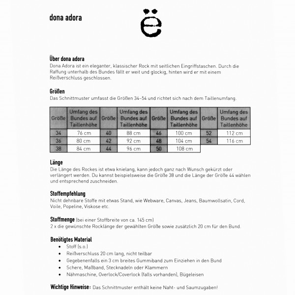 Snitmønster Dame-Nedderdel "Dona Adora" str 34 - 54