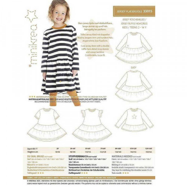 Papierschnittmuster 33015 "Jersey Rüschenkleid" von minikrea 2 - 14 Jahre (Gr. 92 - 164)