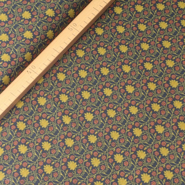 Bomuld “Voysey“ Indigo Scrolling Daisies 1900s Dark Blue