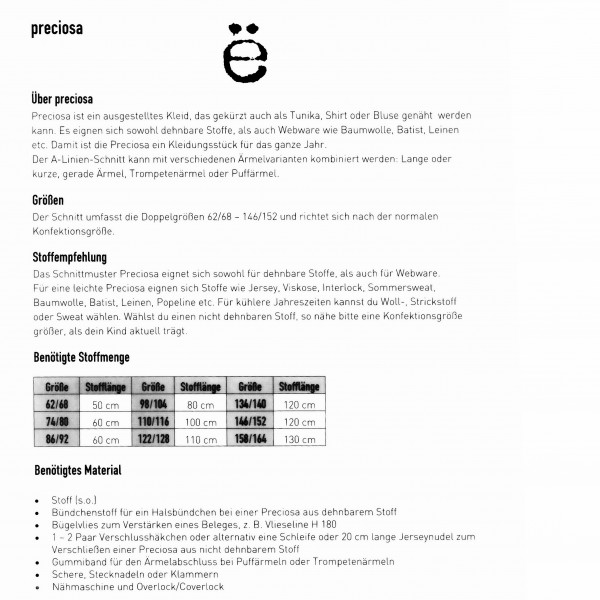 Snitmønster Børns-Kjole "Preciosa" str 62/68 - 146/152