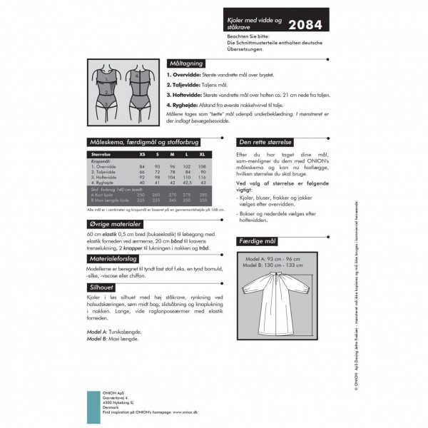 Snitmønster Onion 2084 "Kjoler med vidde og ståkrave" str XS - XL