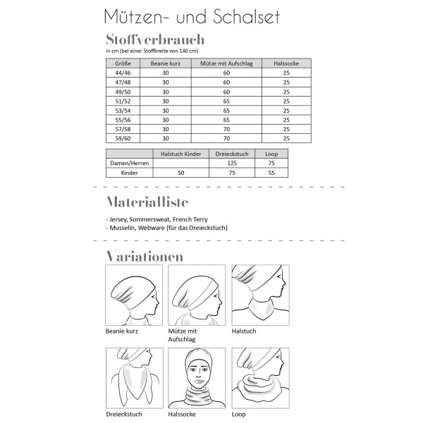 Snitmønster "Mützen & Schalset" Hovedomfang 44 - 60 cm