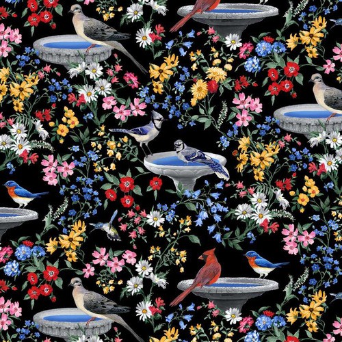Bomuld "Birds of a Feather - Bird baths" by Linda Picken