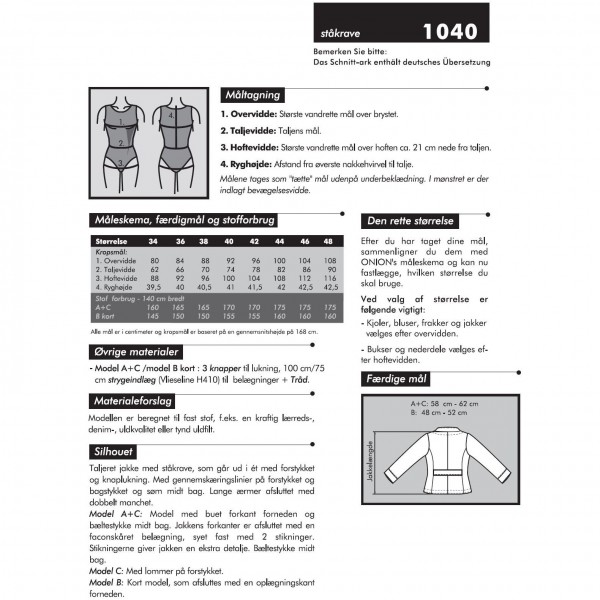 Snitmønster Onion 1040 “Jakker med ståkrave“ str 34 - 48