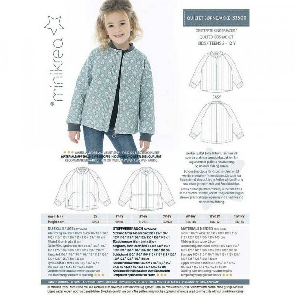 Papierschnittmuster 33500 "Gesteppte Kinderjacke" von minikrea 2 - 12 Jahre (Gr. 92 - 152)