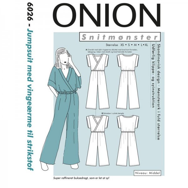 Snitmønster Onion 6026 "Jumpsuit med vingeærme til strikstof" str XS - XL