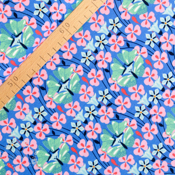 Bomuldsjersey “Flora Sommerfugl“ blå