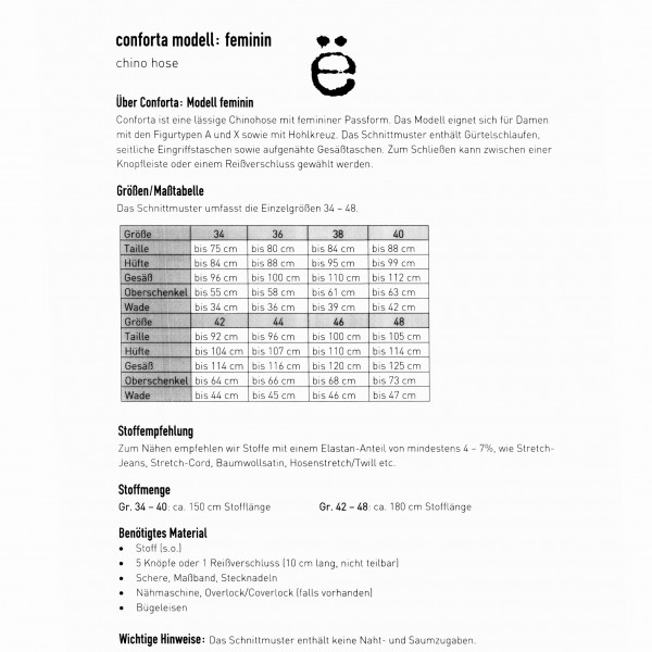 Snitmønster Dame-Bukser "Conforta - modell feminin" str 34 - 48