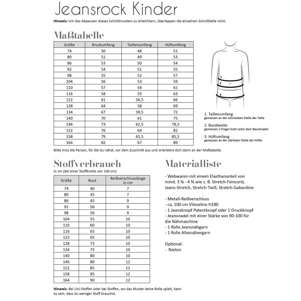 Snitmønster Nederdel "Jeansrock" Kids str 74 - 164