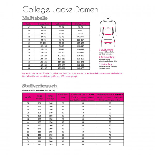 Snitmønster Dame "College Jacke" str 32 - 58
