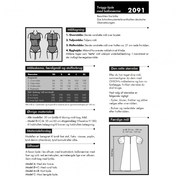 Snitmønster Onion 2091 "Twiggy Kjole med ballonærme" str XS - XL