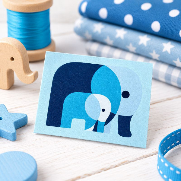 Label "Elefantenmama mit Baby" blau