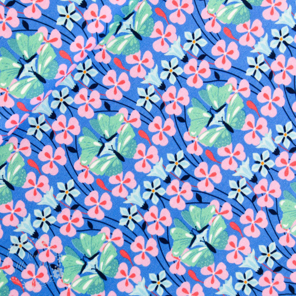 Bomuldsjersey “Flora Sommerfugl“ blå