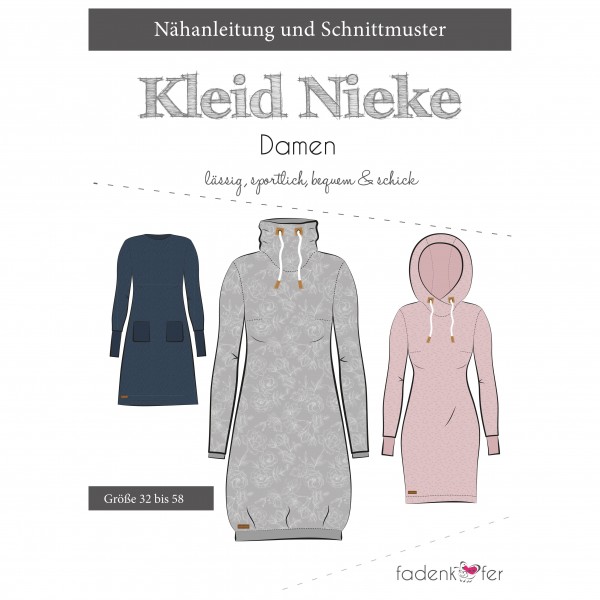 Snitmønster Kjole eller Long-Hoodie “Nieke“ Dame str 32 - 58