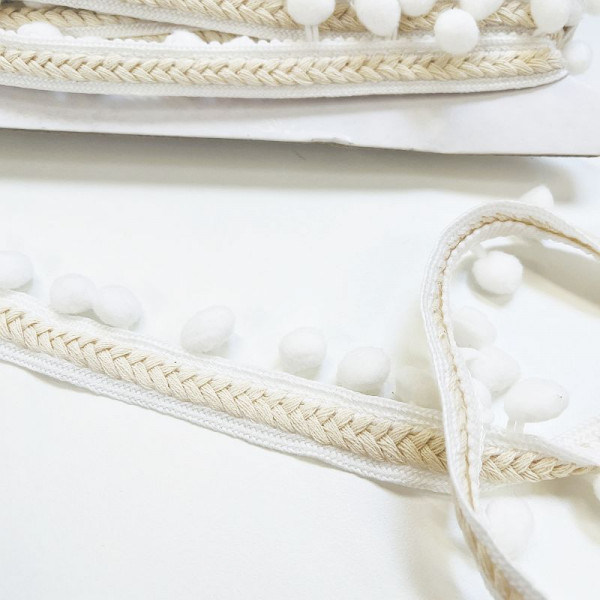 Beige-hvid Pompon-Bånd ca.18 mm