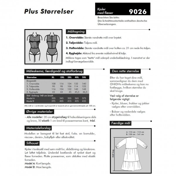 Snitmønster Onion 9026 "Kjole med flæser Plus-størrelser" str XL - 5 XL