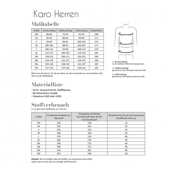 Papierschnittmuster "Karo" Herren Gr. 2XS - 5 XL