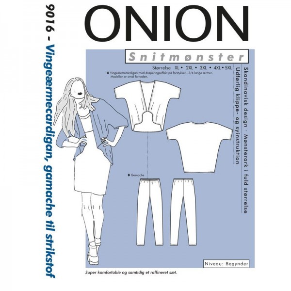 Snitmønster Onion 9016 "Vingeærmecardigan, gamache til strikstof" Plusstørrelser XL - 5 XL