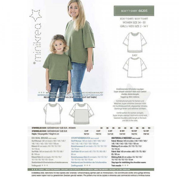 Papierschnittmuster 66205 "Boxy T-Shirt" von minikrea Damen Gr. 34 - 50 & Kinder 2 - 14 Jahre