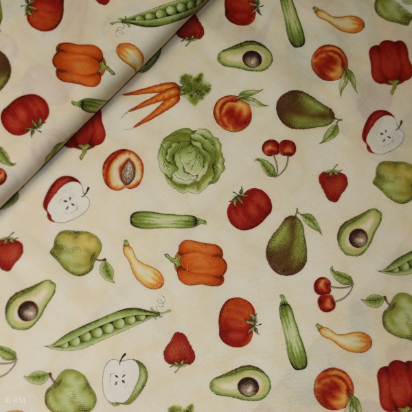 Bomuld “From the Farm“ Tossed Fruits Veggies Tan