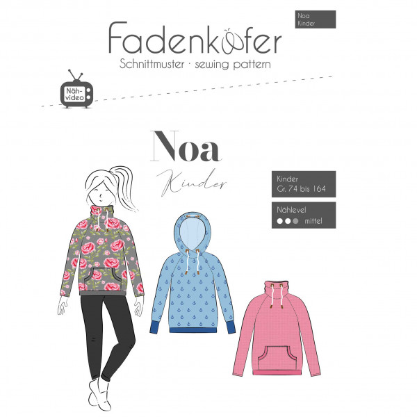 Snitmønster Hoodie “Noa“ Kids str 74 - 164