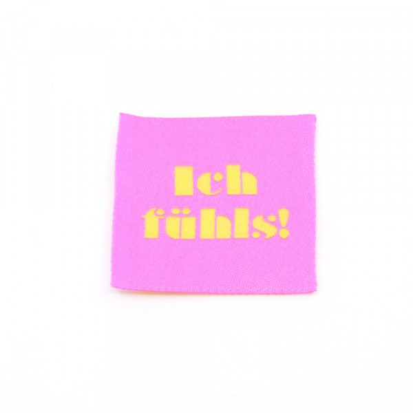 Vævet etiket "Ich fühls!" 30 x 30 mm