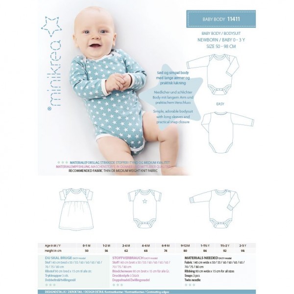 MiniKrea Snitmønster 11411 "Babybody" str 50 - 98 (0 - 3 Years)