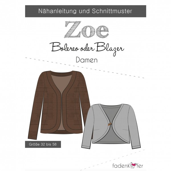 Snitmønster blazer eller bolero "Zoe" Dame str...