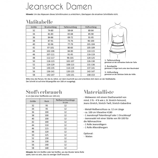 Snitmønster Nederdel "Jeansrock" Dame str 32 - 58