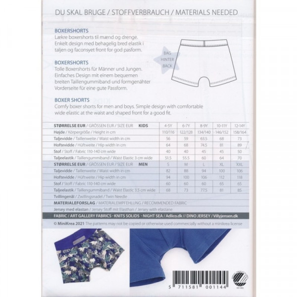 Snitmønster minikrea 114 "Boxershorts" str 4 - 14 Y & S - XXL (Boys and Men)