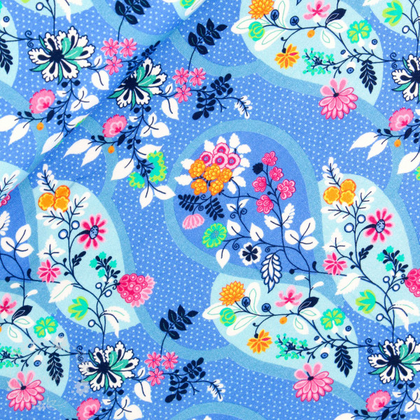 Bomuldsjersey Flora Blomsterdråber blå 2