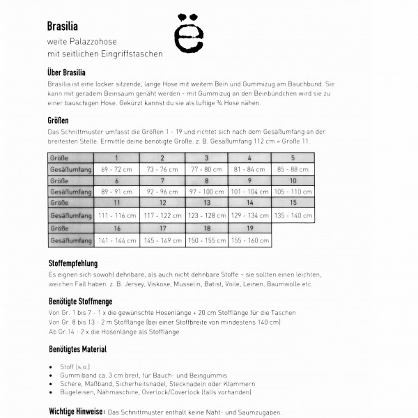 Snitmønster Bukser "Brasilia" hofter 69 - 160 cm