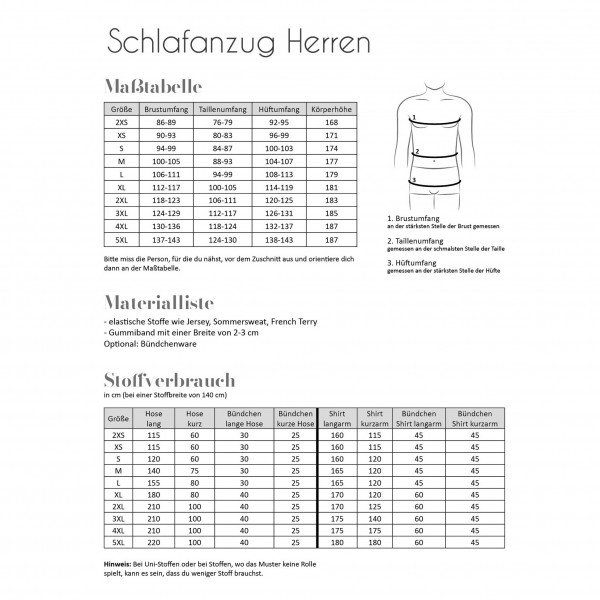 Papierschnittmuster "Schlafanzug" Herren Gr. 2XS - 5 XL