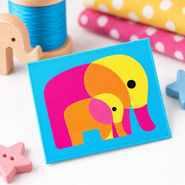 Label "Elefantenmama mit Baby" blau-orange