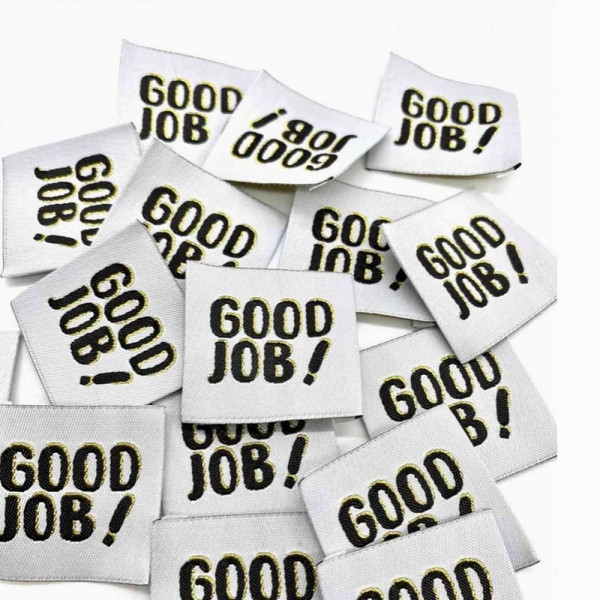 Vævet etiket "Good Job!" 35 x 35 mm