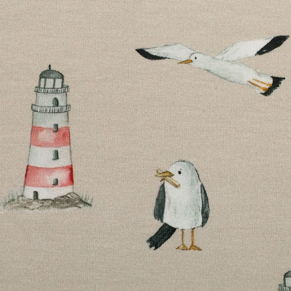 Bomuldsjersey "Beach" Möwe und Leuchtturm