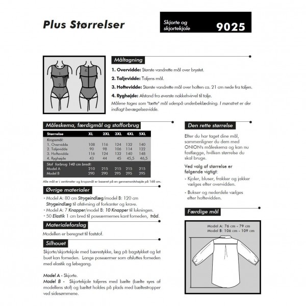 Snitmønster Onion 9025 "Skjorte og skjortekjole Plus-størrelser" str XL - 5 XL
